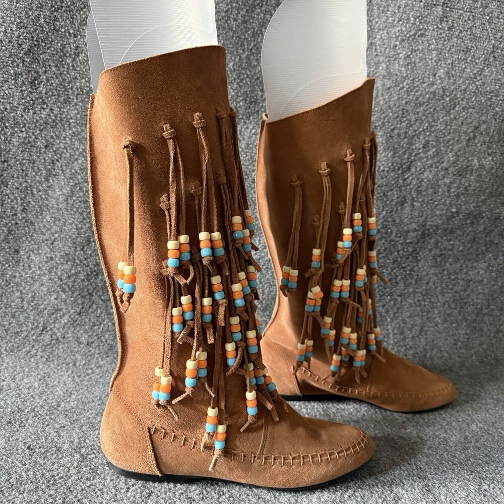 VTG Chinese Laundry Moccasin Boots Brown Suede Fringe Beaded Pull On Size 7.5